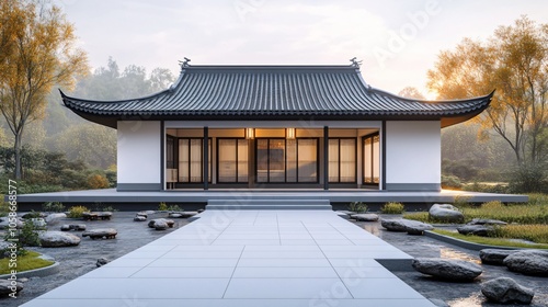 Traditional Chinese Anhui Hui-style Architecture with White Background, Platform, Roads, Parking Lots, and Brick Pavements for Car Advertisement Background photo