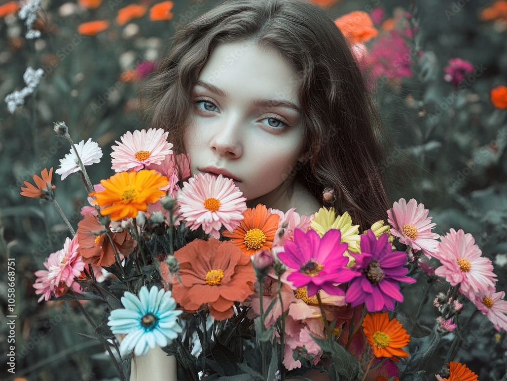 Close-up of a young woman with long hair, surrounded by a vibrant field of wildflowers in full bloom. The photo captures the beauty and tranquility of nature.