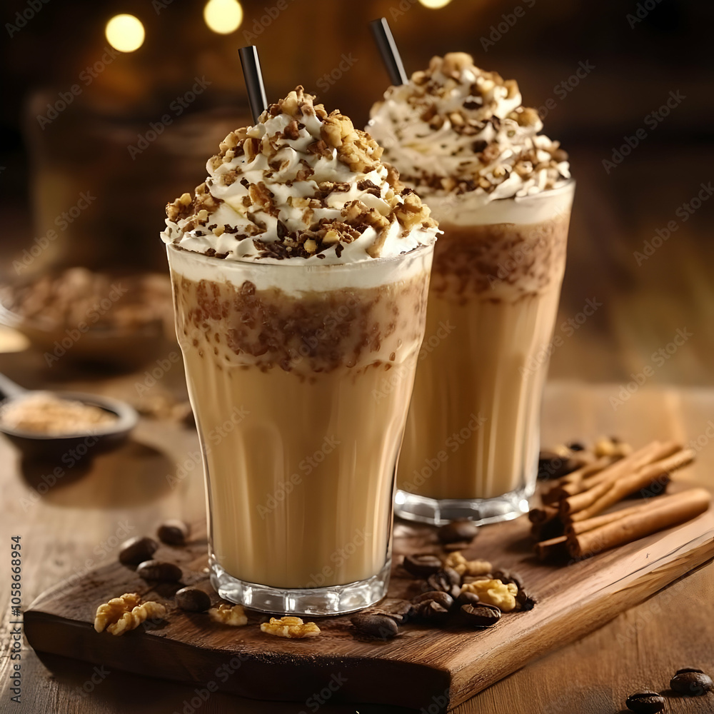 Photo of Creamy Nutty Coffee Drinks Garnished with Walnuts Photo of Creamy Nutty Coffee Drinks Garnished with Walnuts