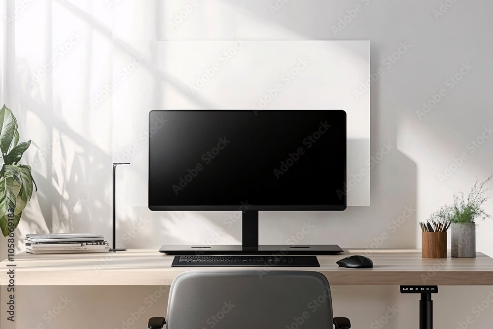 Sleek monitor on minimalist office desk Sleek monitor on minimalist office desk
