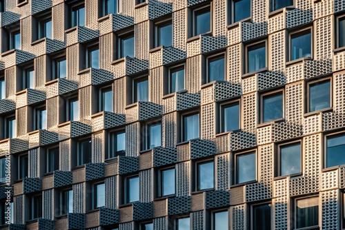 A building with windows arranged in irregular patterns, resembling pixel art from a distance.
