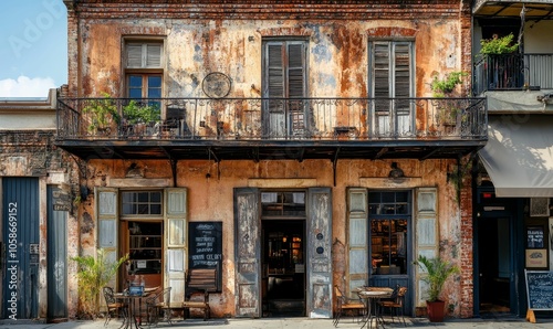 Old building with balcony, windows, and doors.