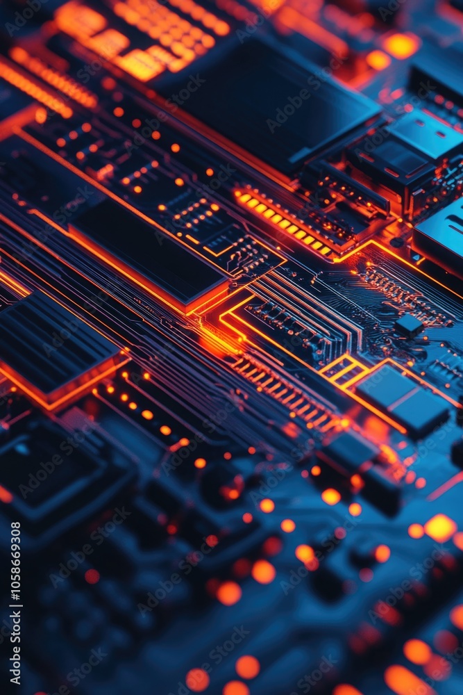 Red light on a circuit board highlighting the complexity of modern electronic technology Red light on a circuit board highlighting the complexity of modern electronic technology