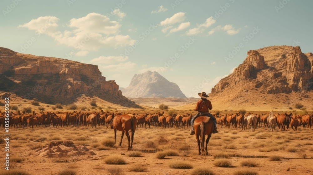 Cowboy rides a horse through desert with a herd. Cowboy rides a horse through desert with a herd.
