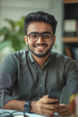 Wallpaper Mural A smiling young man in glasses working on his cell phone in a modern office setting, wearing a casual shirt and a watch. Torontodigital.ca