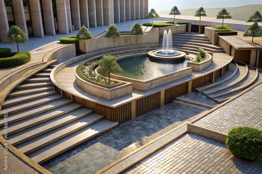 An outdoor plaza that sits below street level, surrounded by stepped seating and fountains.