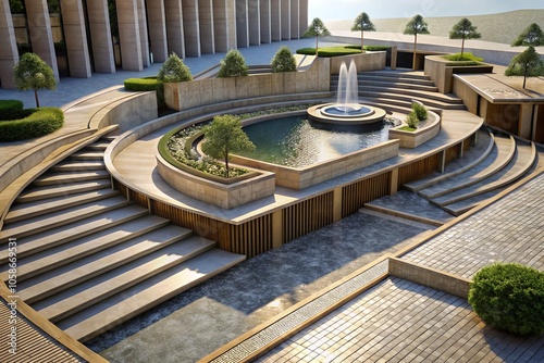 Obraz na płótnie An outdoor plaza that sits below street level, surrounded by stepped seating and fountains.
w salonie