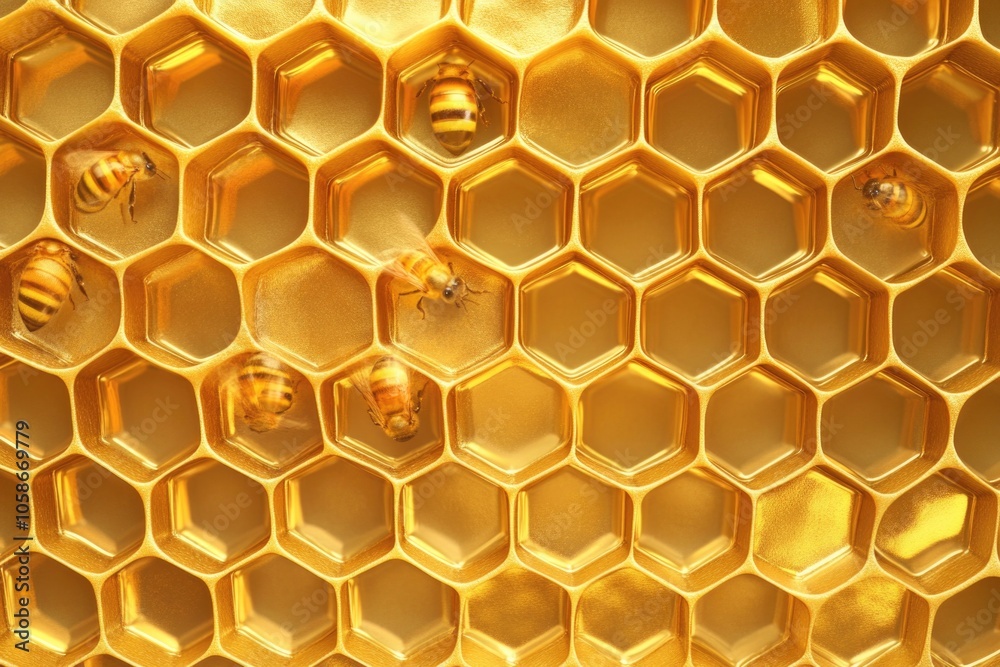 Up close view of golden honeycomb filled with active bees. Up close view of golden honeycomb filled with active bees.