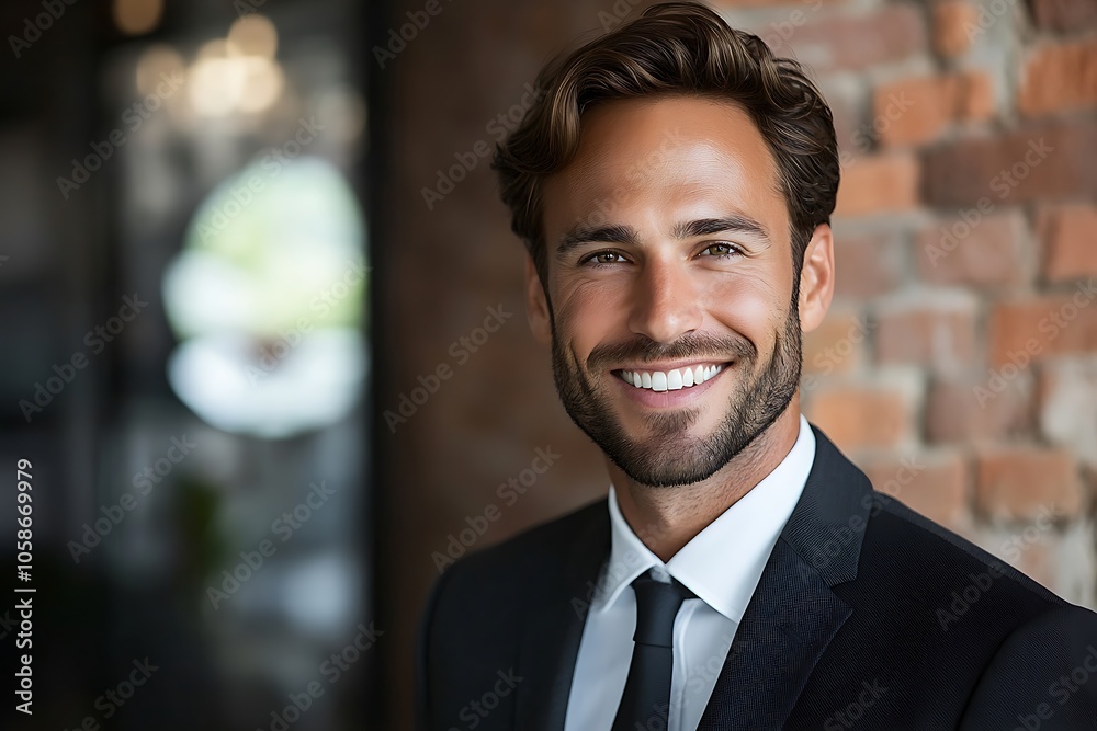 Confident Businessman Smiling in Navy Suit Against Brick Wall Confident Businessman Smiling in Navy Suit Against Brick Wall