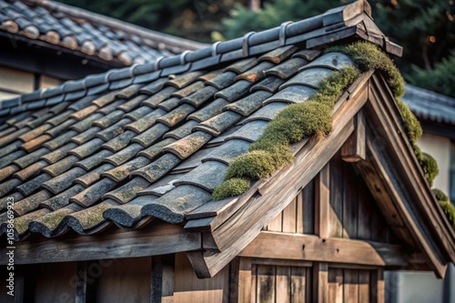 A weathered wooden teahouse with moss-covered roof tiles and cracks that enhance its beauty. 