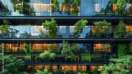 Modern Corporate Glass Building Facade Reflecting Lush Green Trees, Symbolizing the Seamless Integration of Environmental Responsibility and Sustainable Practices in ESG Business Models for a Greener 