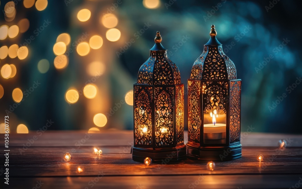 Two decorative Arabic lanterns illuminating with candles on a wooden table, surrounded by a bokeh of softly blurred lights in the background Two decorative Arabic lanterns illuminating with candles on a wooden table, surrounded by a bokeh of softly blurred lights in the background