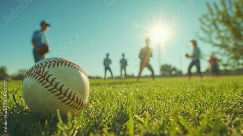 Sports group playing baseball on green field. Red stitched ball with visible seams.