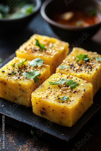 Tray of baked, flavorful yellow flatbread squares with cumin, nutmeg and fresh herbs. Garnished with green leaves.