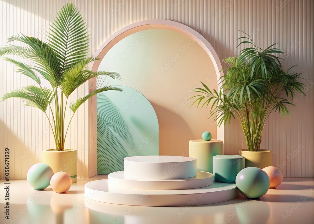 Abstract Minimal Display Podium 3D Render for Product Showcase and Cosmetic Presentation in Summer Vibes, High Depth of Field for Stunning Visual Appeal and Versatile Marketing Use