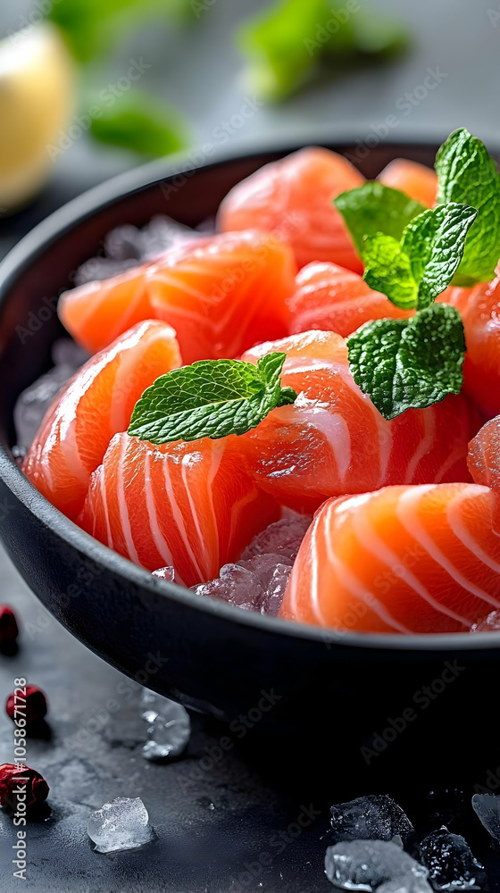 Fresh Salmon Photo - Chilled Salmon on Ice with Mint Fresh Salmon Photo - Chilled Salmon on Ice with Mint