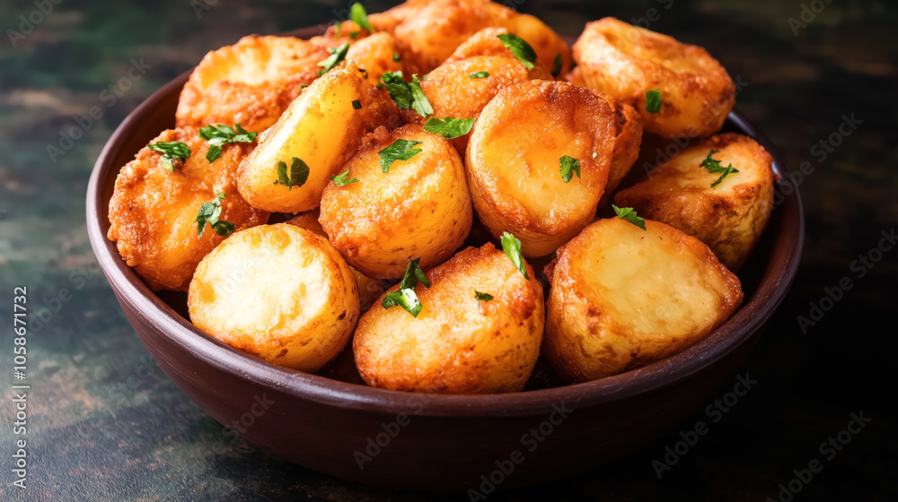Bowl of golden roasted potatoes garnished with fresh parsley on a dark background Bowl of golden roasted potatoes garnished with fresh parsley on a dark background