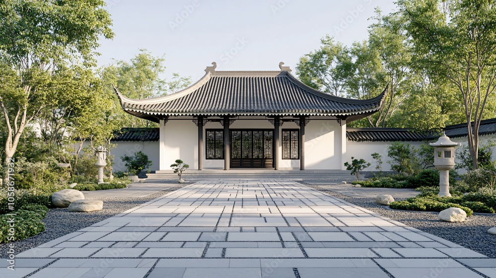 Traditional Chinese Anhui Hui-style Architecture with White Background, Platform, Roads, Parking Lots, and Brick Pavements for Car Advertisement Background