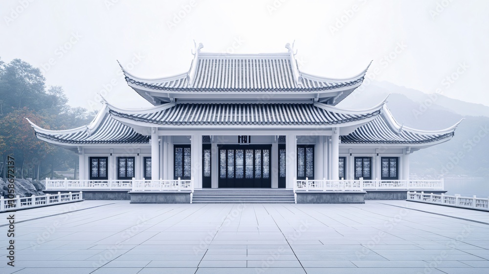 Obraz premium Traditional Chinese Anhui Hui-style Architecture with White Background, Platform, Roads, Parking Lots, and Brick Pavements for Car Advertisement Background