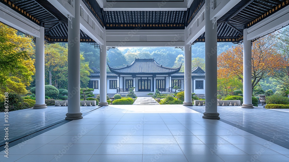 Traditional Chinese Anhui Hui-style Architecture with White Background, Platform, Roads, Parking Lots, and Brick Pavements for Car Advertisement Background Traditional Chinese Anhui Hui-style Architecture with White Background, Platform, Roads, Parking Lots, and Brick Pavements for Car Advertisement Background