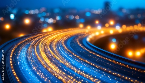 Abstract Fiber Optic Cables With City Lights, Technology And Communication Background