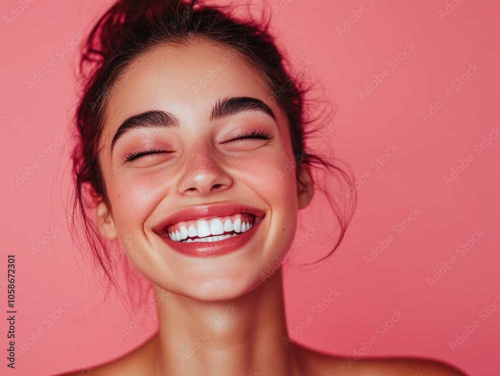 Fototapeta premium A young woman laughing and smiling brightly, against a pink background.