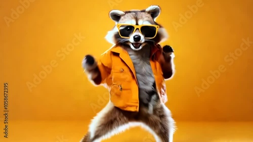 Raccoon in clothes and glasses dancing on an orange background