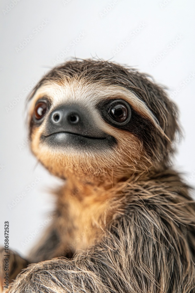 Naklejka premium An adorable slow loris with large expressive eyes, sitting upright on a light grey background. This image is suitable for microstock images.