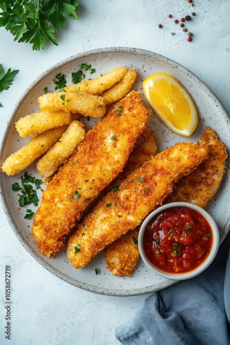 Crispy breaded fried fish with tangy sauce. Garnished with lemon and herbs.