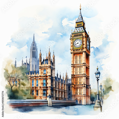 Big Ben watercolor London skyline historic clock tower gothic architecture, charming streetlamp, British landmark detailed art vintage travel red bus double decker,art,city,view,uk,sky,road,trees,