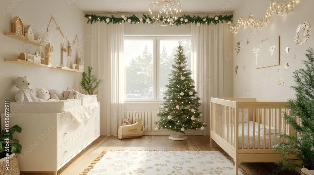 A cozy nursery decorated for Christmas with a white Christmas tree, a crib, a changing table, and a window with natural light. A cozy nursery decorated for Christmas with a white Christmas tree, a crib, a changing table, and a window with natural light.