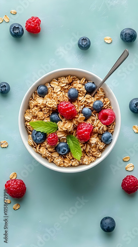 Delicious Oatmeal Breakfast Photo with Raspberries and Blueberries photo