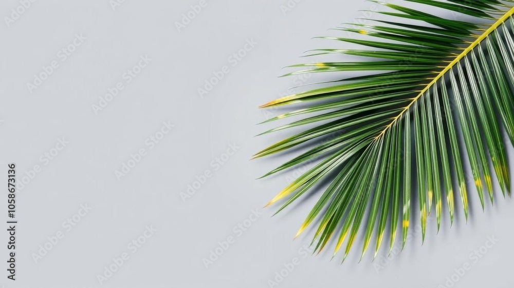 Fototapeta premium Coconut palm leaf on pastel gray background flat lay, tropical, gray background, palm leaf
