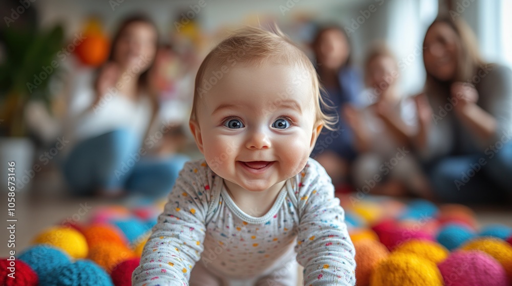 Fototapeta premium A joyful baby crawling on a colorful mat with family in the background.