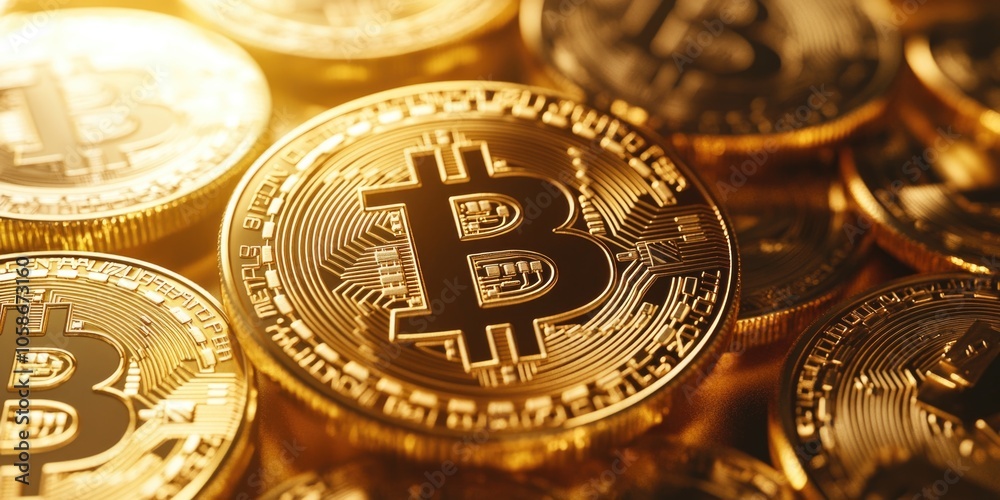 Digital gold coins in focus. Digital gold coins in focus.