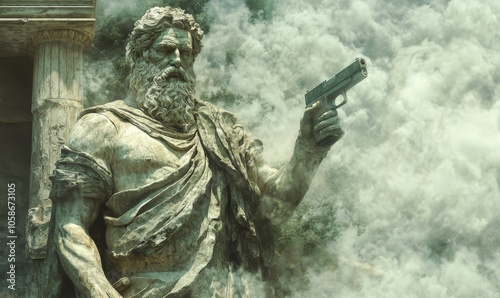 Stone statue holding gun in fog.