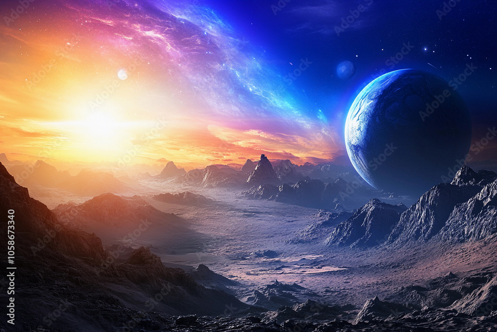 A breathtaking cosmic landscape with a distant planet at dawn A breathtaking cosmic landscape with a distant planet at dawn