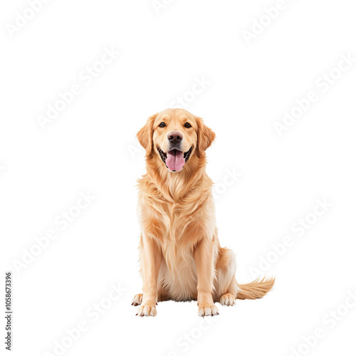 A Joyful Golden Retriever Cozying Up with a Heartwarming Smile, Showcasing Its Soft Fur and Friendly Expression Against a Solid Background Perfect for Pet Lovers. photo