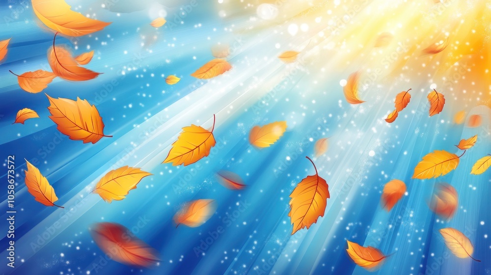 Abstract autumn background with falling leaves and glowing light rays. Abstract autumn background with falling leaves and glowing light rays.