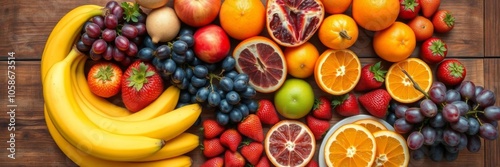 Colorful assortment of fresh fruits like strawberries, oranges, bananas, and grapes beautifully arranged in a white plate on a wooden table, delicious, healthy, assortment