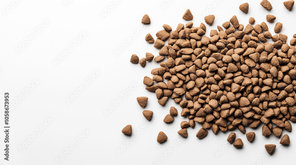 Pile of brown dry pet food kibble scattered on a white surface, isolated against a plain background Pile of brown dry pet food kibble scattered on a white surface, isolated against a plain background