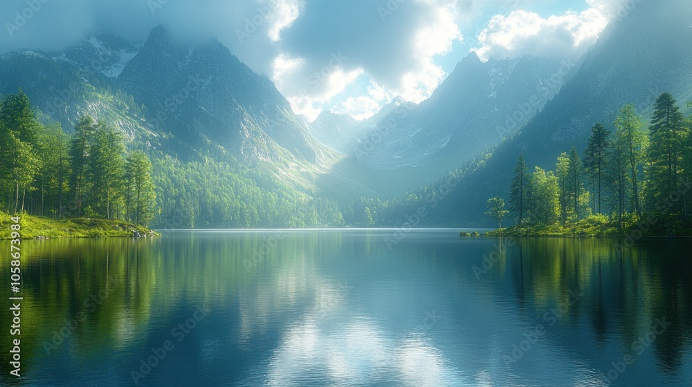 Serene mountain landscape with a reflective lake and lush greenery. Serene mountain landscape with a reflective lake and lush greenery.