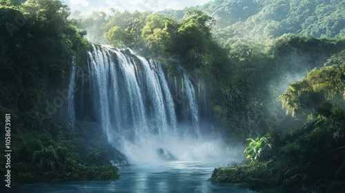 Serene Waterfall in a Lush Tropical Forest