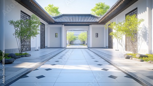 Traditional Chinese Anhui Hui-style Architecture with White Background, Platform, Roads, Parking Lots, and Brick Pavements for Car Advertisement Background photo