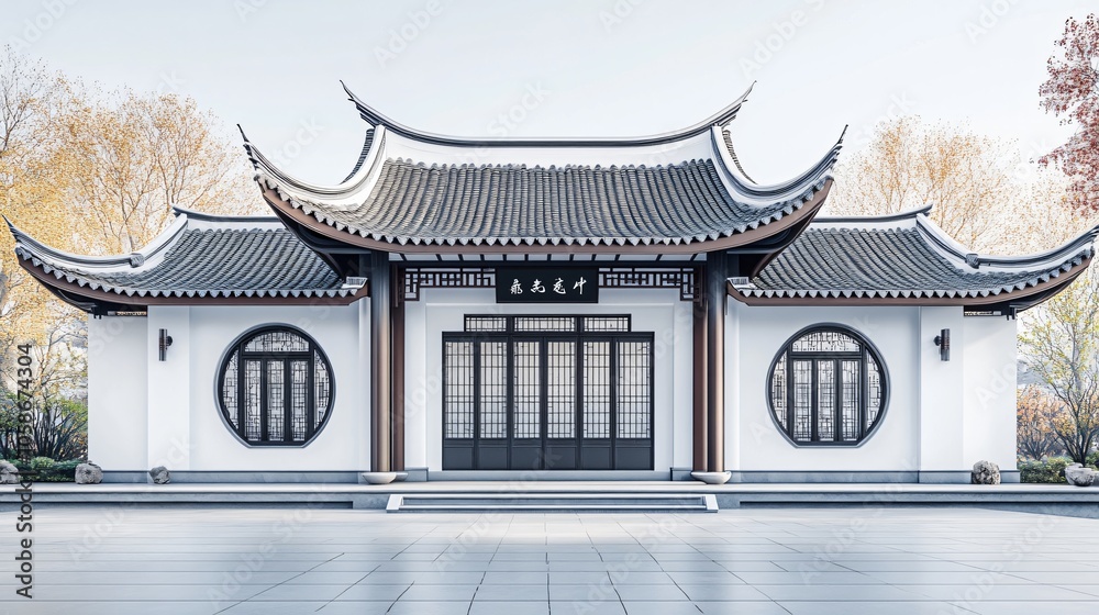 Traditional Chinese Anhui Hui-style Architecture with White Background, Platform, Roads, Parking Lots, and Brick Pavements for Car Advertisement Background Traditional Chinese Anhui Hui-style Architecture with White Background, Platform, Roads, Parking Lots, and Brick Pavements for Car Advertisement Background