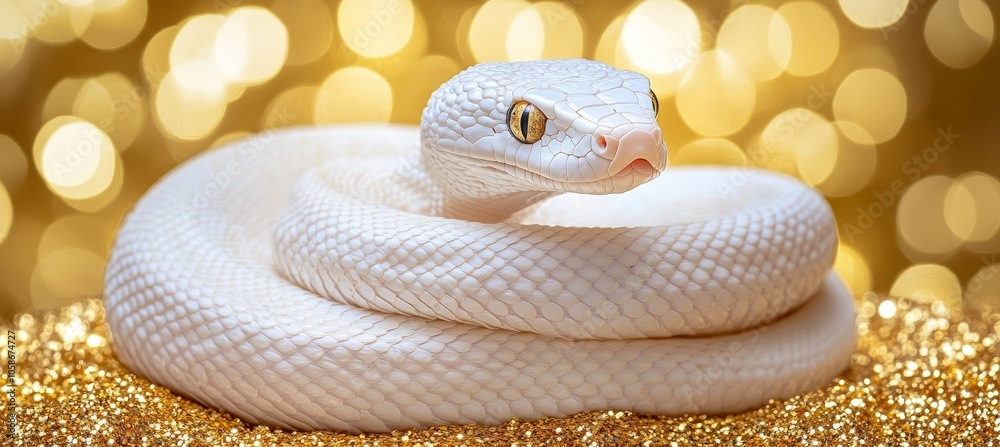 Fototapeta premium White Royal Python, Also Known As Ball Python, Curled Up On A Gold Glitter Background