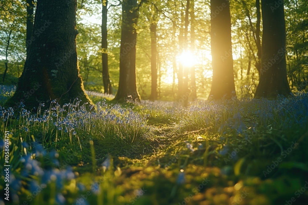 Obraz premium Dewy morning, sun rising through trees, bluebell meadow, misty valley ambiance