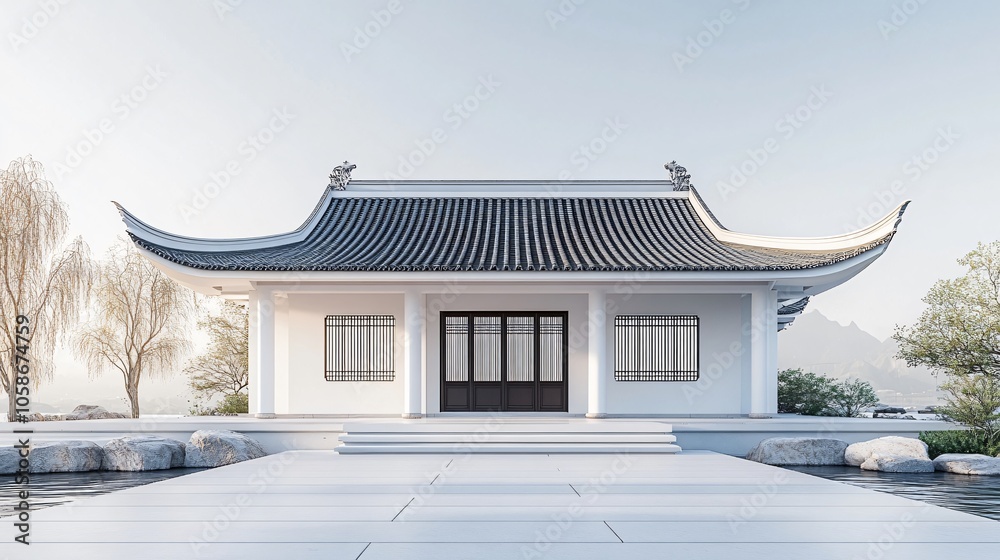 Traditional Chinese Anhui Hui-style Architecture with White Background, Platform, Roads, Parking Lots, and Brick Pavements for Car Advertisement Background Traditional Chinese Anhui Hui-style Architecture with White Background, Platform, Roads, Parking Lots, and Brick Pavements for Car Advertisement Background