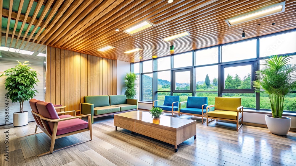 Bright and Airy Waiting Room with Large Windows and Comfortable Seating for Relaxation and Comfort