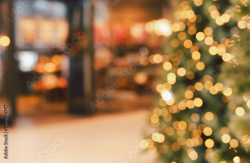 Abstract light celebration background with blurred shop or restaurant at night